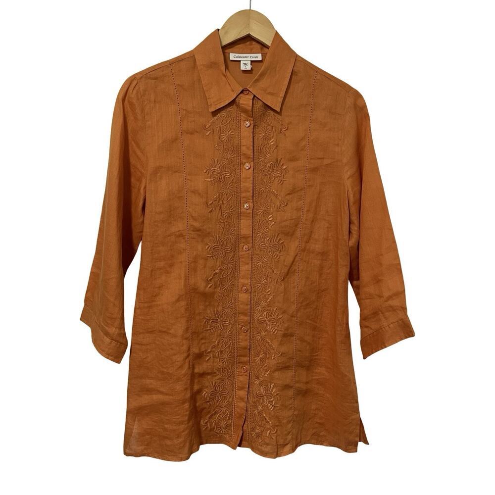 Coldwater Creek Womens Ramie Embroidered Button Up Top Size S‎ Rust 3/4 Sleeve